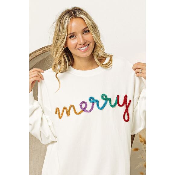 BiBi White Holiday Merry Tinsel Lettering Drop Shoulder Sweatshirt NEW Large - Picture 5 of 7